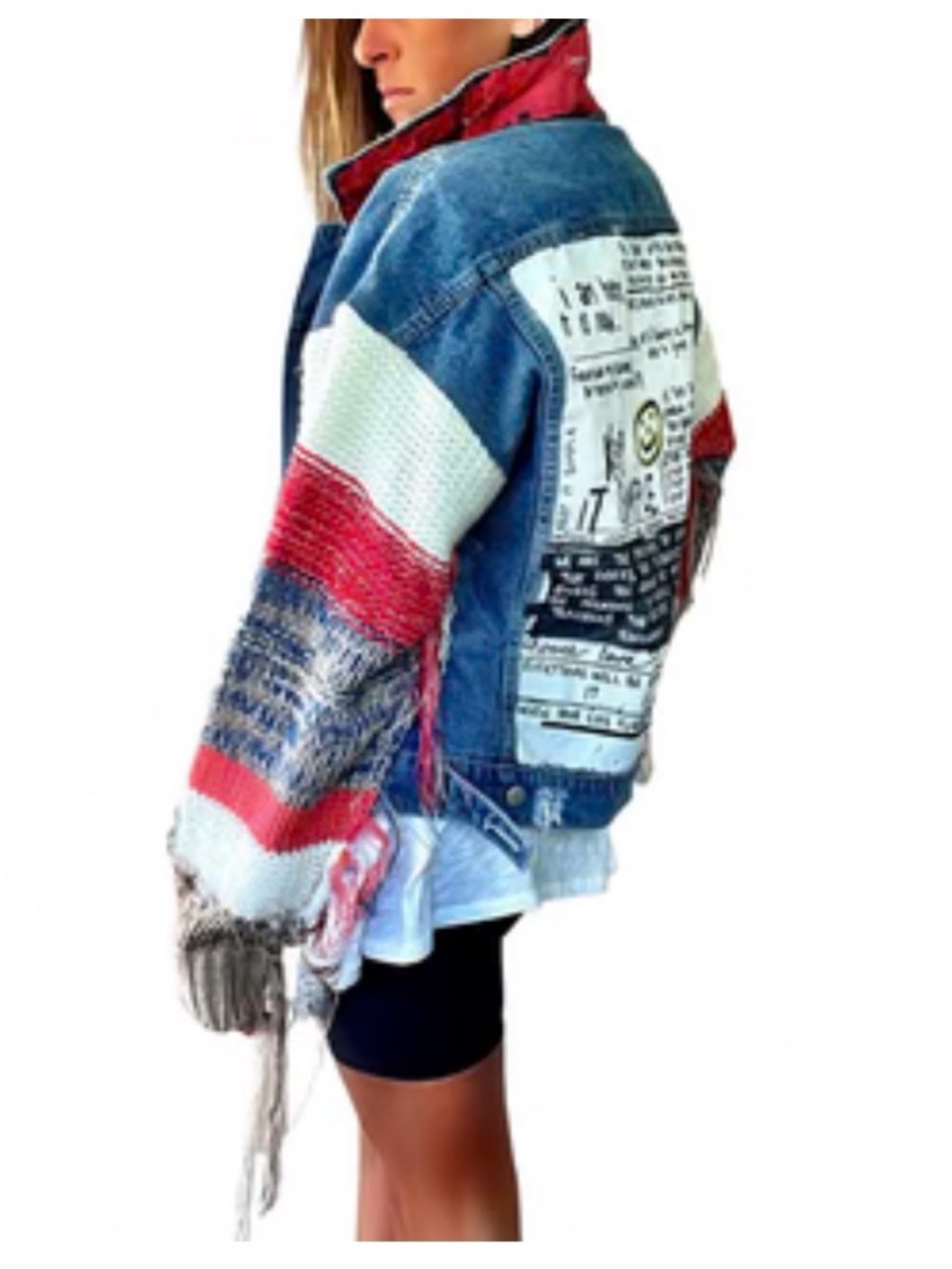 Patchwork Denim Jacket with Knit Red & White Sleeves
